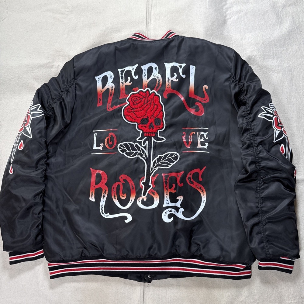 Rebel Minds Black Blinged Out Varsity Jacket "Rebel Roses" NWOT XXL